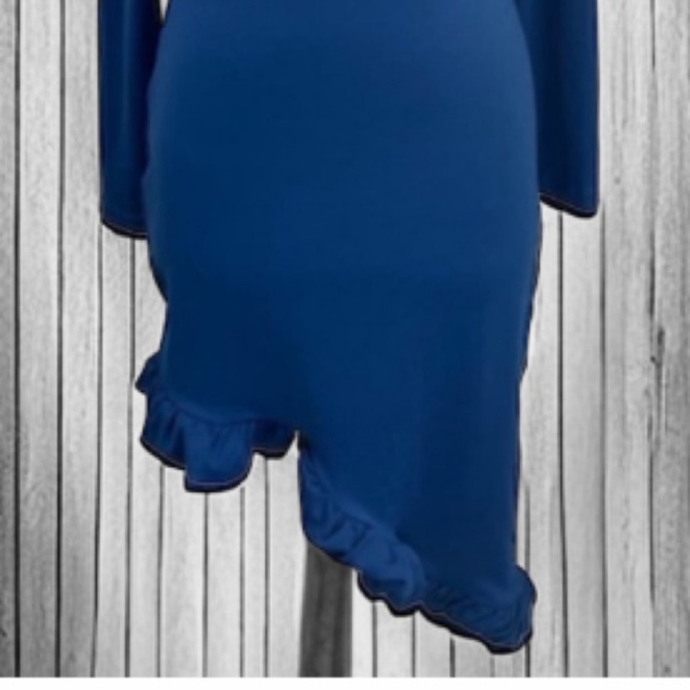 Susana Monaco Imperial Blue Long Sleeve Curved Ruffle Hem Dress - Picture 9 of 13